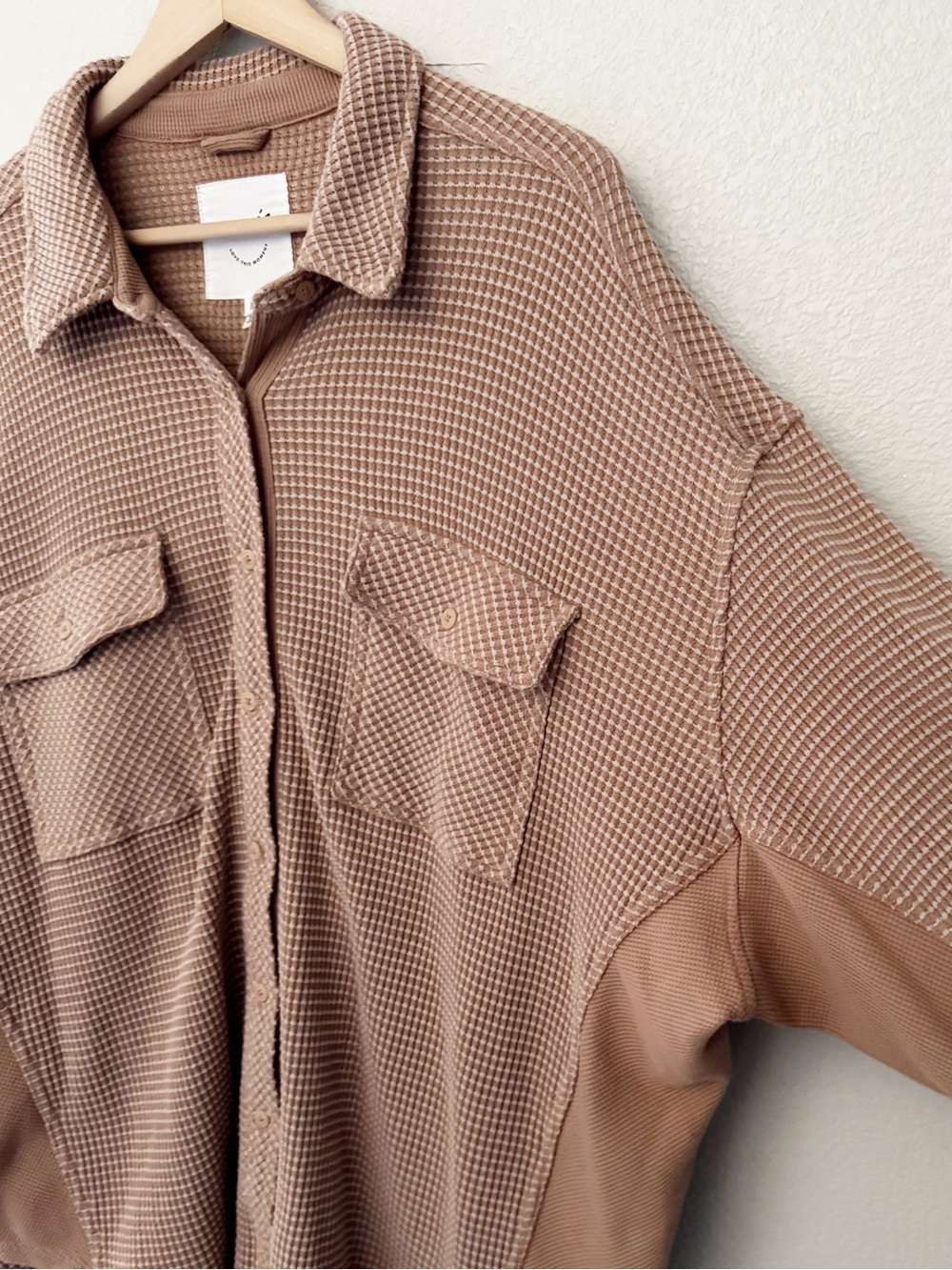Aerie Lumber Jane Waffle Shirt Shacket XL Oversized Neutral Tan Thermal Minimal - Picture 10 of 13
